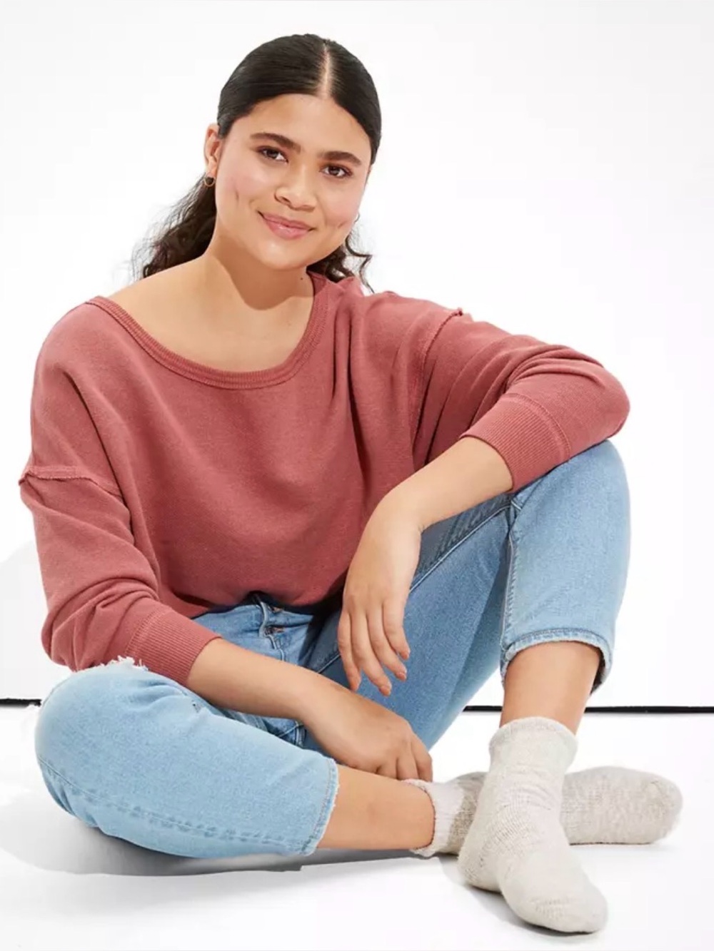 American Eagle Outfitters Off-the-Shoulder Deep Coral Pullover Crop Sweatshirt